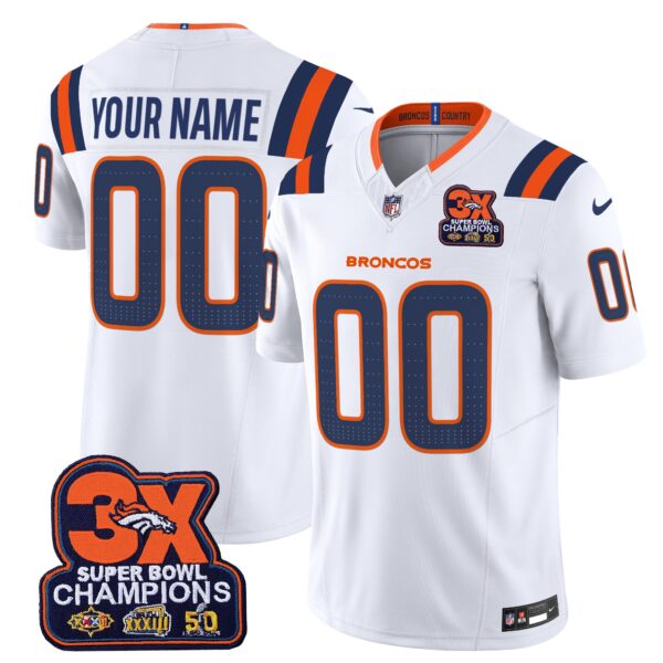 Denver Broncos 3-Time Champions Patch Vapor Limited Custom Jersey V2 – All Stitched – White Jersey