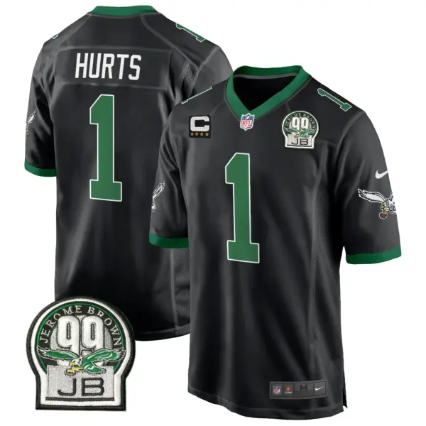 Mens Philadelphia Eagles Jerome Brown Patch Kelly Green Game Jersey Jalen Hurts Jersey Black