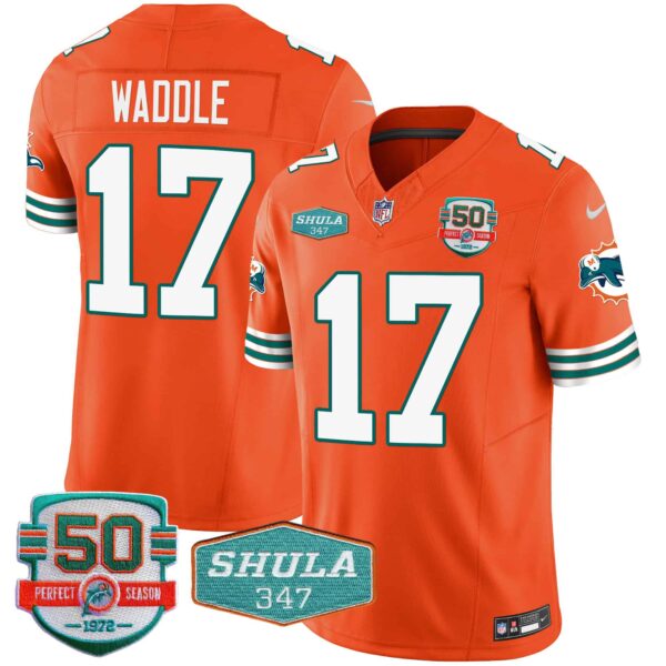 Men’s Dolphins Throwback Shula 347 Patch Vapor Jersey – All Stitched – Orange – Jaylen Waddle