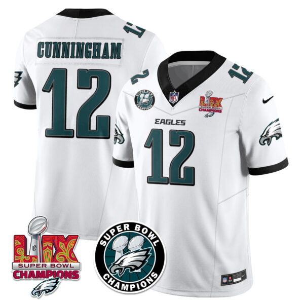 Men’s Philadelphia Eagles Super Bowl LIX Champions Jersey – All Stitched White Randall Cunningham – 12 Jersey