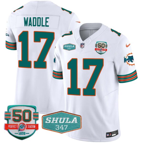 Men’s Dolphins Throwback Shula 347 Patch Vapor Jersey – All Stitched – White – Jaylen Waddle