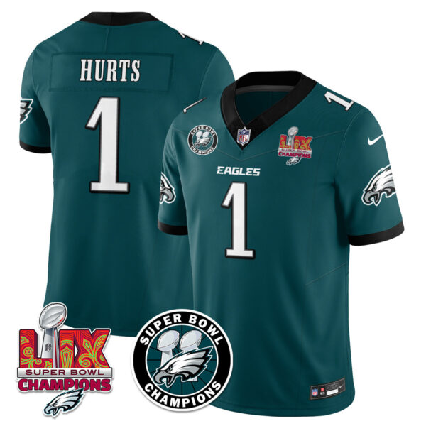 Men’s Philadelphia Eagles Super Bowl LIX Champions Jersey – All Stitched Green Jalen Hurts – 1 Jersey