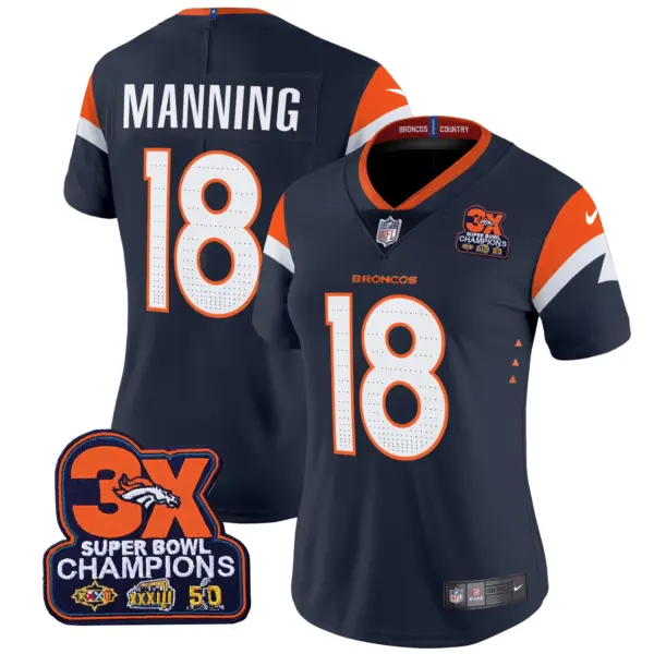 Womens Denver Broncos 3 Time Champions Patch Vapor Limited Jersey Peyton Manning Jersey Navy