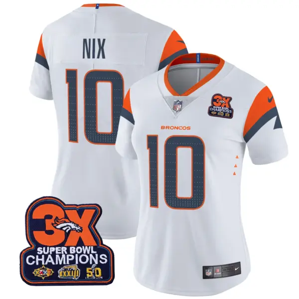 Womens Denver Broncos 3 Time Champions Patch Vapor Limited Jersey Bo Nix Jersey White