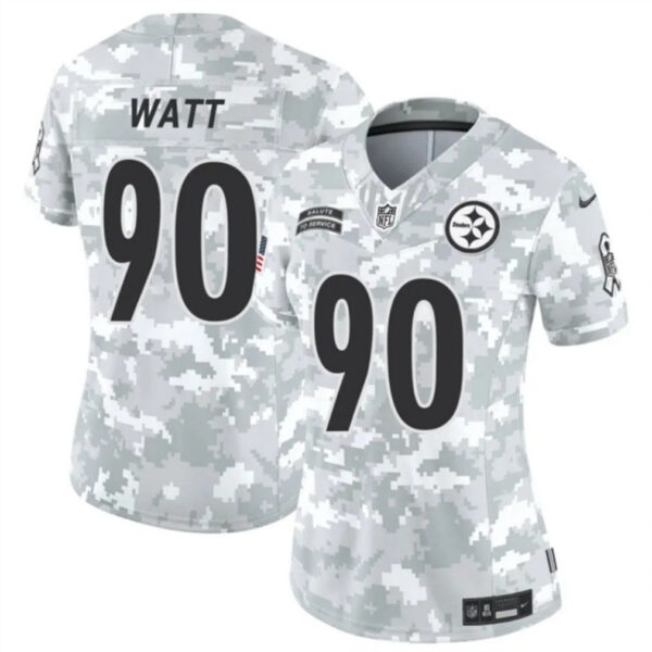 Women Pittsburgh Steelers #90 T J Watt 2024 FUSE Arctic Camo Salute To Service Limited Football Stitched Jersey
