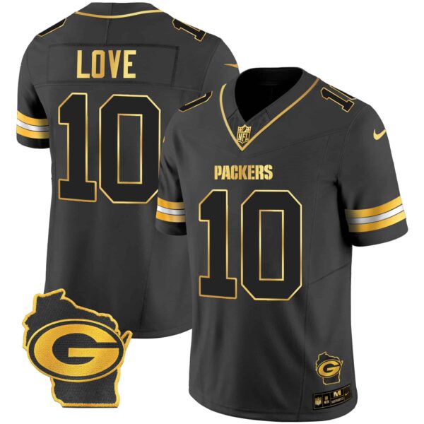 Men’s Packers Home Patch Gold Vapor Jersey – All Stitched – Black Gold – Jordan Love