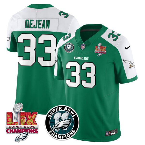 Men’s Philadelphia Eagles Super Bowl LIX Champions Jersey – All Stitched Alternate Kelly Green Cooper DeJean – 33 Jersey