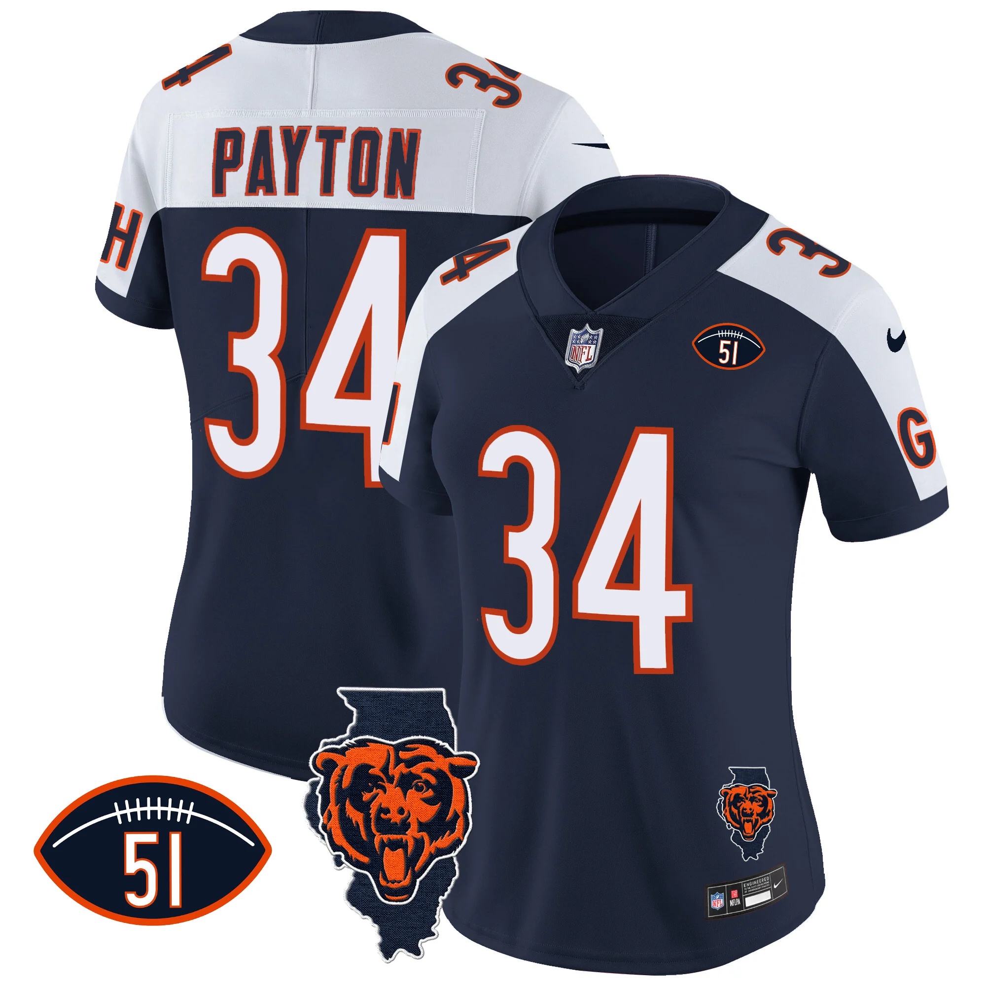 Womens Chicago Bears Illinois Patch Vapor Jersey Walter Payton Jersey Navy Alternate