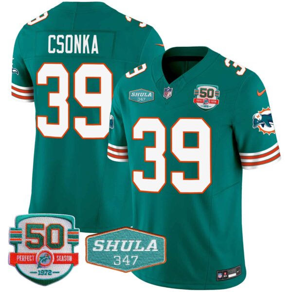 Men’s Dolphins Throwback Shula 347 Patch Vapor Jersey – All Stitched – Aqua – Larry Csonka