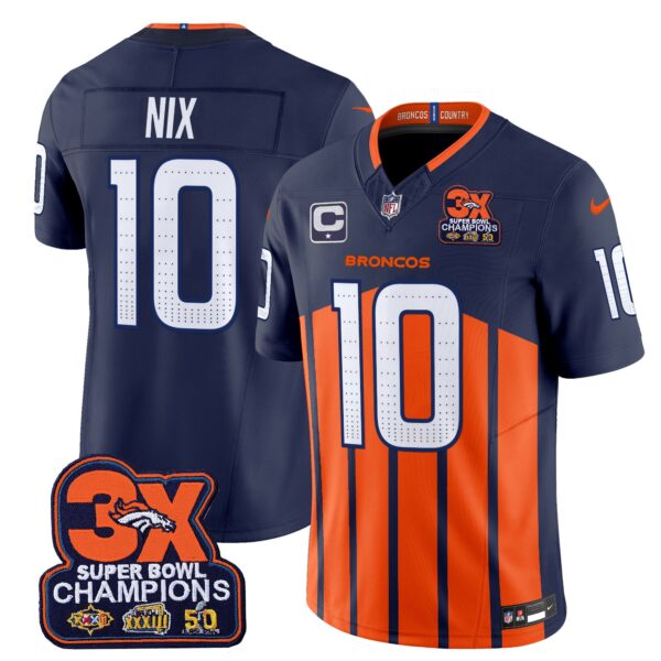 Denver Broncos 3-Time Champions Patch Vapor Limited Jersey V2 – All Stitched – Navy Special – Bo Nix Jersey