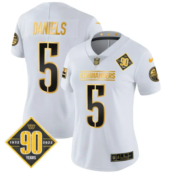 Womens Washington Commanders 90Th Anniversary Patch Gold Vapor Limited Jersey Jayden Daniels Jersey White Gold