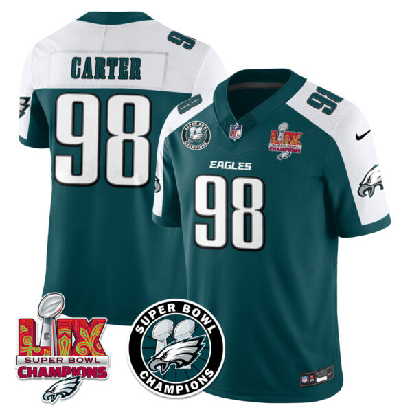 Men’s Philadelphia Eagles Super Bowl LIX Champions Jersey – All Stitched Alternate Green Jalen Carter – 98 Jersey