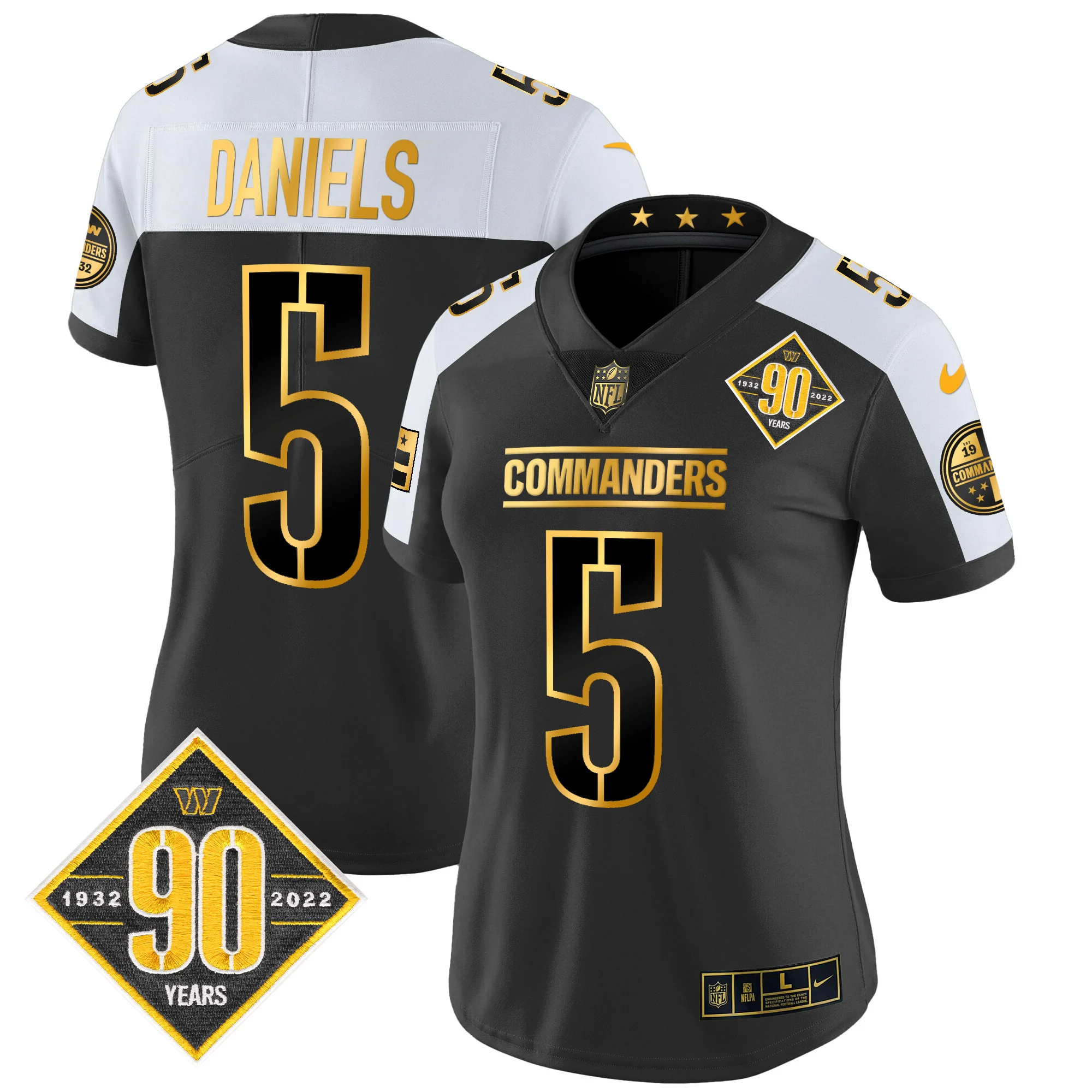 Womens Washington Commanders 90Th Anniversary Patch Gold Vapor Limited Jersey Jayden Daniels Jersey Alternate