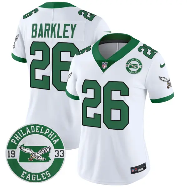 Womens Philadelphia Eagles 2024 Throwback Vapor Limited Jersey Est 1933 Patch Saquon Barkley Jersey Kelly White