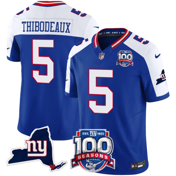 Men’s New York Giants 100th Season & State Patch Vapor Limited Jersey – All Stitched Royal Alternate Kayvon Thibodeaux Jersey