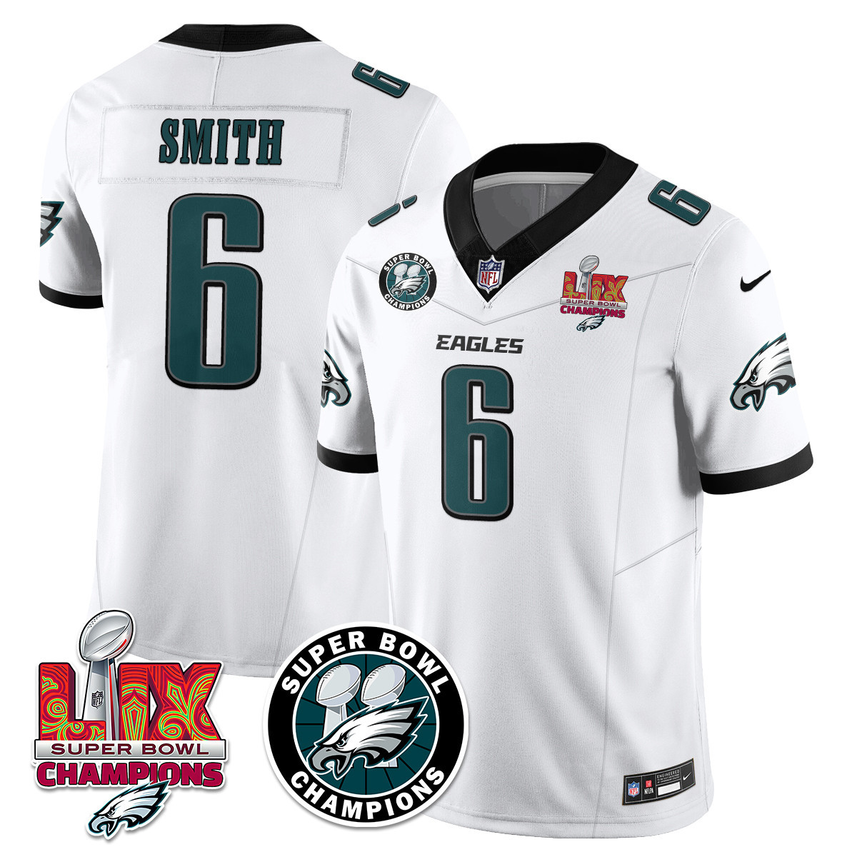 Men’s Philadelphia Eagles Super Bowl LIX Champions Jersey – All Stitched White DeVonta Smith – 6 Jersey