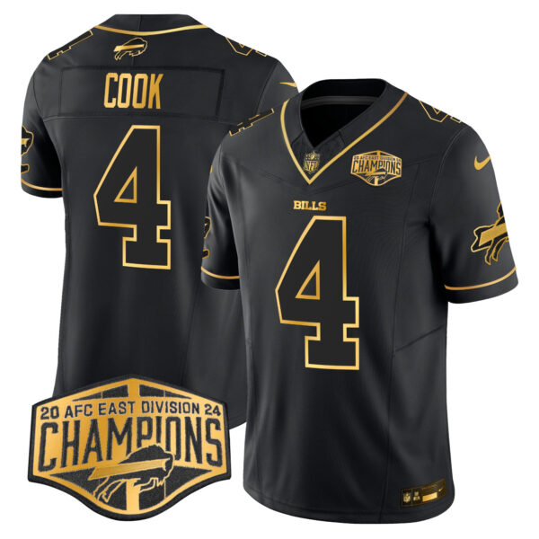 Bills 2024 AFC East Division Champions Gold Vapor Limited Jersey – All Stitched – Black Gold – James Cook Jersey