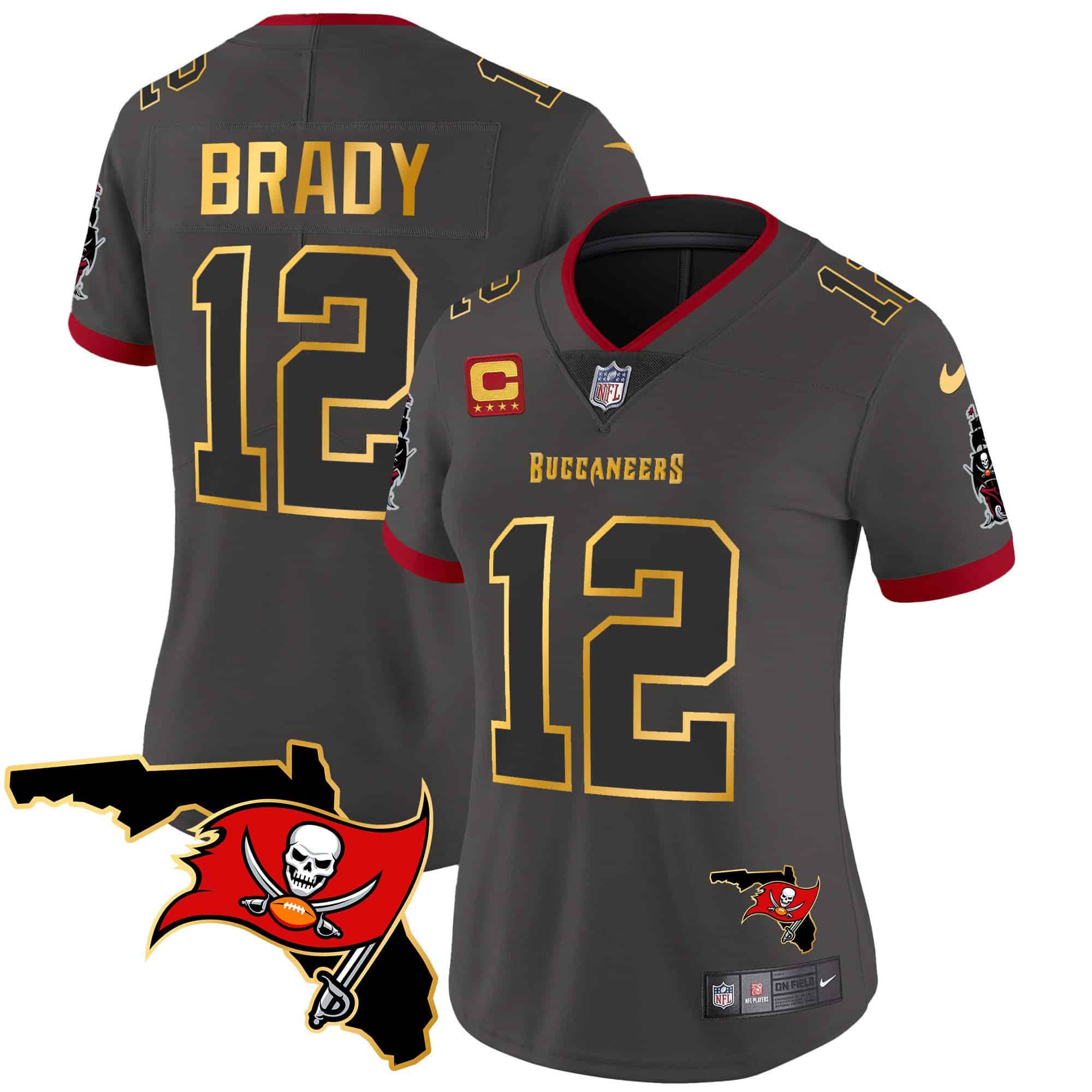 Women’s Buccaneers Florida Patch Gold Trim Vapor Jersey – All Stitched – Pewter – Tom Brady