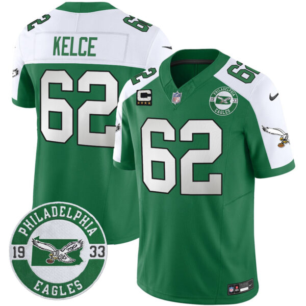 Philadelphia Eagles 2024 Throwback Vapor Limited Jersey – Est. 1933 Patch – All Stitched – Kelly Alternate – Jason Kelce Jersey