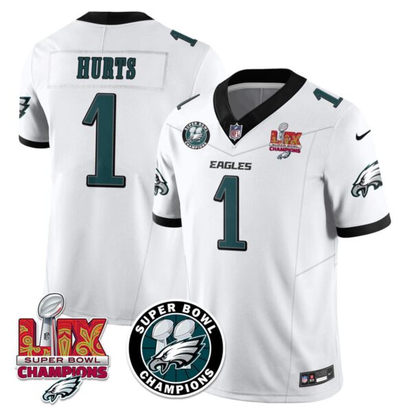 Philadelphia Eagles Super Bowl LIX Champions Jersey – All Stitched – White – Jalen Hurts – 1 Jersey