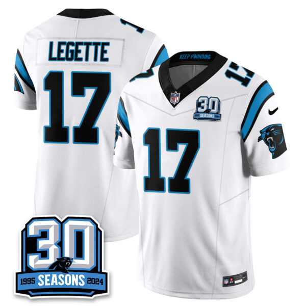 Men’s Carolina Panthers 2024 Vapot Limited Jersey – 30th Season – All Stitched Xavier Legette – 17 White Jersey