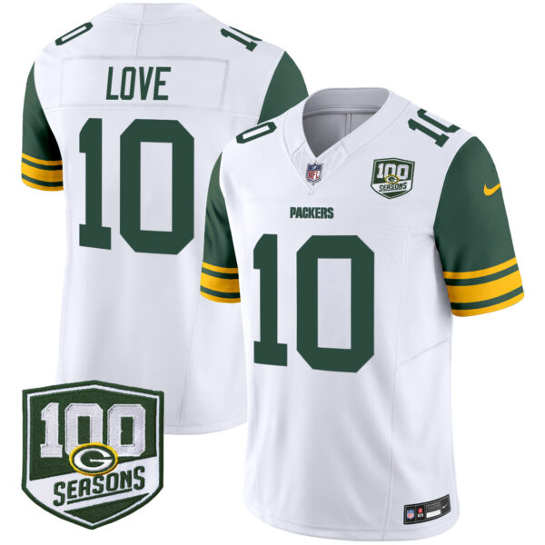 Men’s Green Bay Packers Throwback 100th Season Patch Vapor Limited Jersey – All Stitched – White – Jordan Love