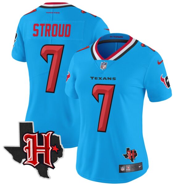 Women’s Houston Texans 2024 Texas Patch Vapor Limited Jersey V5 – All Stitched – Blue – C.J. Stroud Jersey