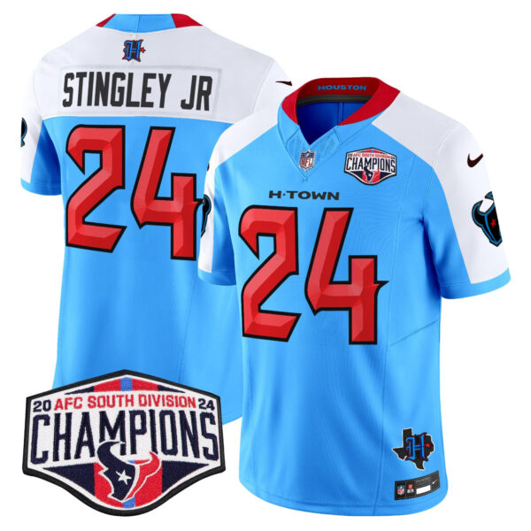 Houston Texans 2024 AFC South Division Champions Patch Vapor Limited Jersey – All Stitched – Blue Alternate – Derek Stingley Jr. Jersey