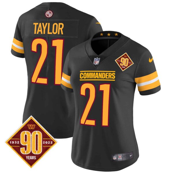 Women’s Washington Commanders 90th Anniversary Patch Vapor Jersey V2 – All Stitched – Black – Sean Taylor