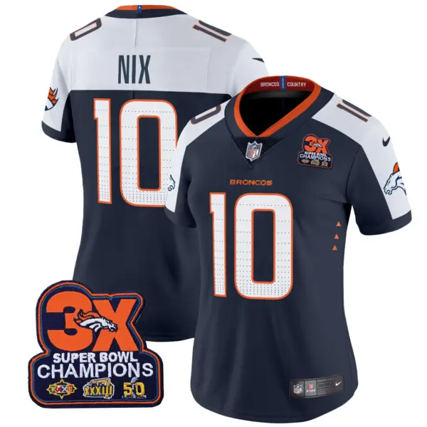 Womens Denver Broncos 3 Time Champions Patch Vapor Limited Jersey Bo Nix Jersey Navy Alternate