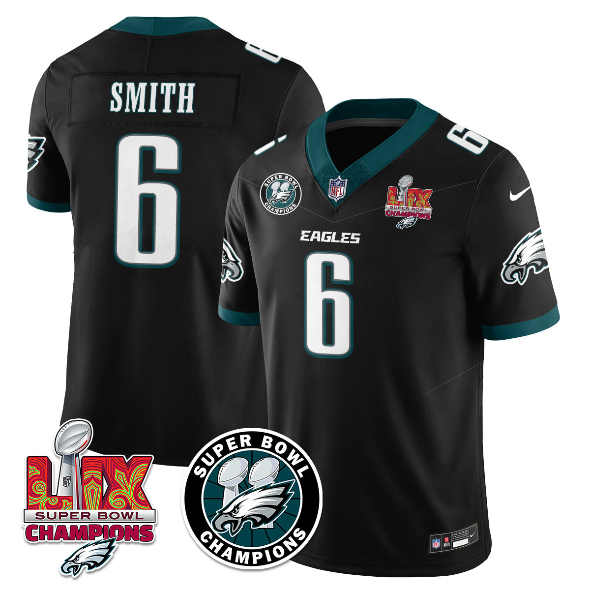Men’s Philadelphia Eagles Super Bowl LIX Champions Jersey – All Stitched Black DeVonta Smith – 6 Jersey