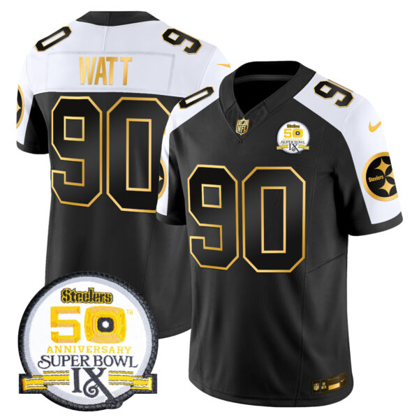 Men’s Steelers 50th Anniversary of Super Bowl IX Patch Gold Vapor Limited Jersey – All Stitched – Alternate – T. J. Watt