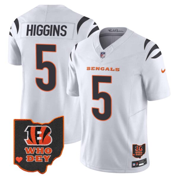 Men’s Bengals Ohio Patch Vapor Limited Jersey V2 – All Stitched – White – Tee Higgins