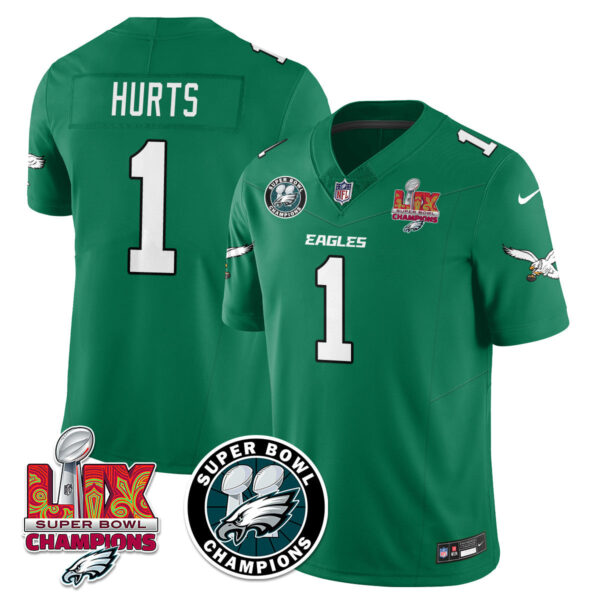 Philadelphia Eagles Super Bowl LIX Champions Jersey – All Stitched – Kelly Green – Jalen Hurts – 1 Jersey