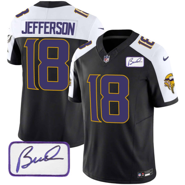 Men’s Vikings Bud Grant Patch Classic Limited Jersey V4 – All Stitched – Black Alternate – Justin Jefferson