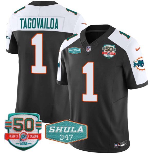 Men’s Dolphins Throwback Shula 347 Patch Vapor Jersey – All Stitched – Black Alternate – Tua Tagovailoa