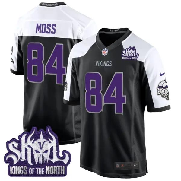 Mens Minnesota Vikings 2024 Winter Warrior Skol Patch Game Jersey Randy Moss Jersey Black Alternate