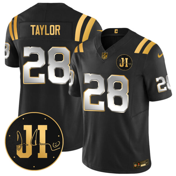 Men’s Indianapolis Colts Limited 2025 Jersey – Memorial Patch for Jim Irsay – All Stitched Black Gold Jonathan Taylor – 28 Jersey