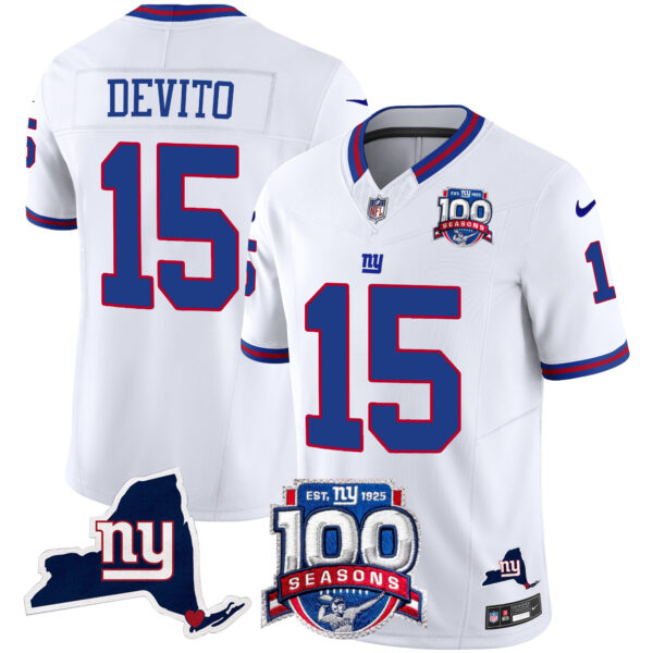 Men’s New York Giants 100th Season & State Patch Vapor Limited Jersey – All Stitched White Tommy DeVito Jersey