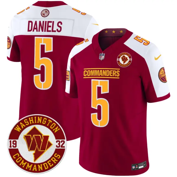 Mens Washington Commanders 2024 Vapor Limited Jersey Est 1932 Patch Jayden Daniels Jersey Burgundy Alternate