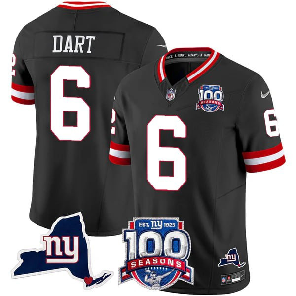 Men’s New York Giants 100th Season & State Patch Vapor Limited Jersey – All Stitched Black Jaxson Dart Jersey