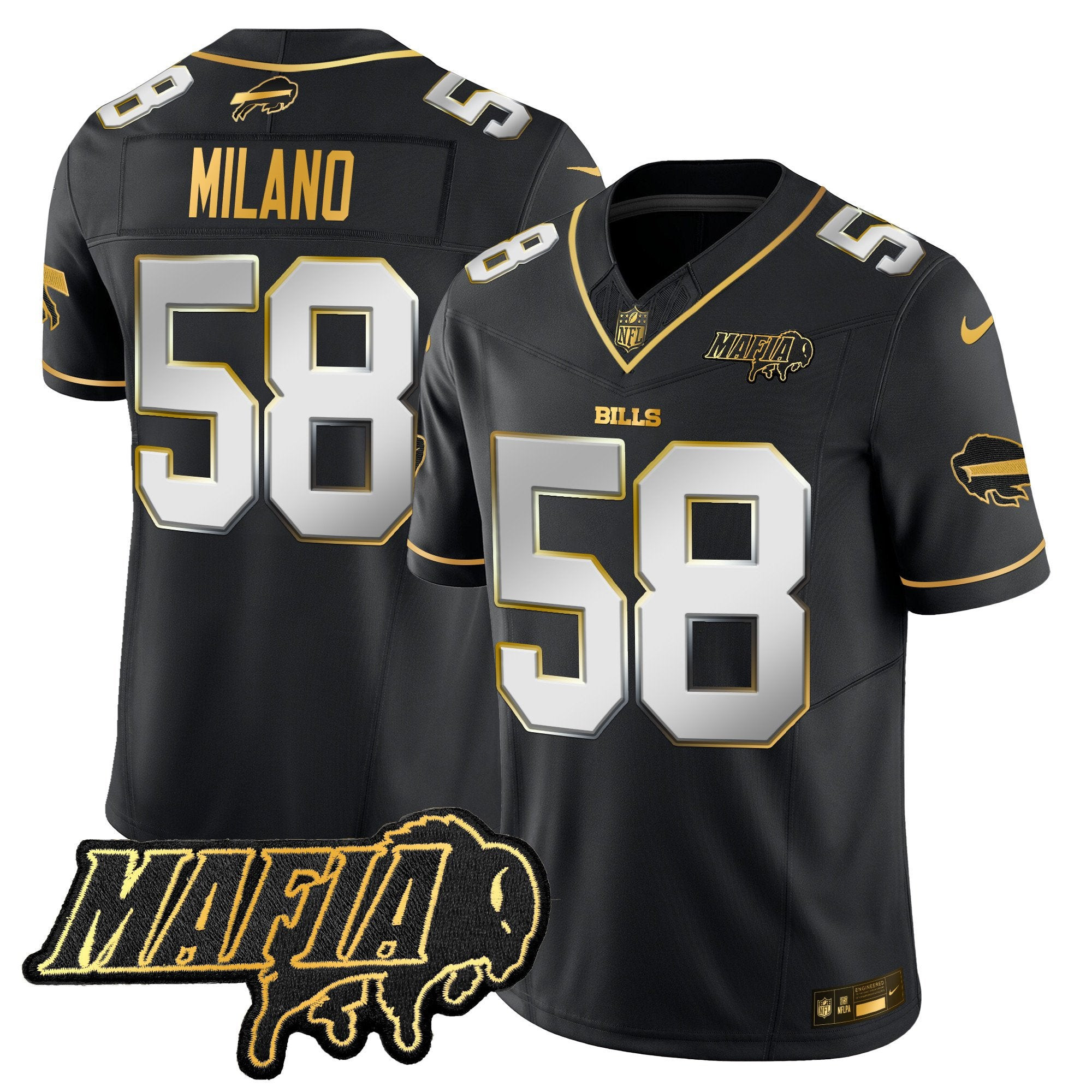 Buffalo Bills 2024 Bills Mafia Patch Gold Vapor Limited Jersey – All Stitched – Black Limited – Matt Milano Jersey