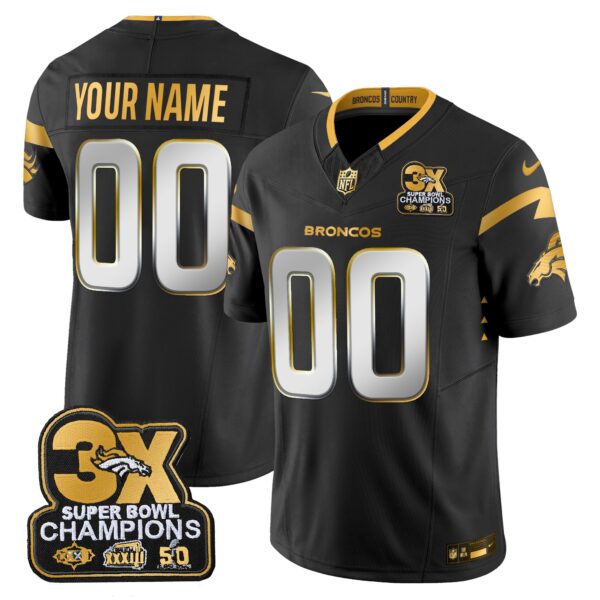 Denver Broncos 3-Time Champions Patch Gold Vapor Limited Custom Jersey – All Stitched – Men – Black Limited Jersey