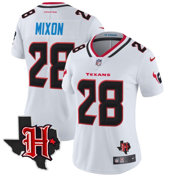 Women’s Houston Texans 2024 Texas Patch Vapor Limited Jersey V5 – All Stitched – White – Joe Mixon Jersey