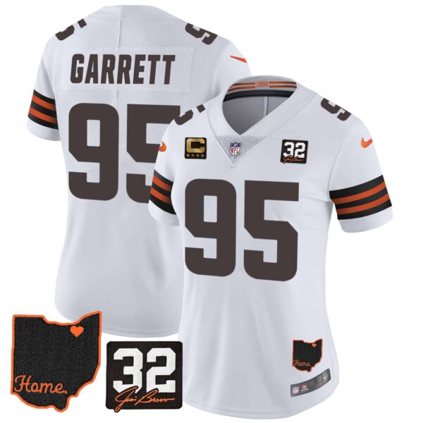 Women’s Browns #32 Jim Brown Memorial & Home Patch Jersey V3 – All Stitched – White – Myles Garrett