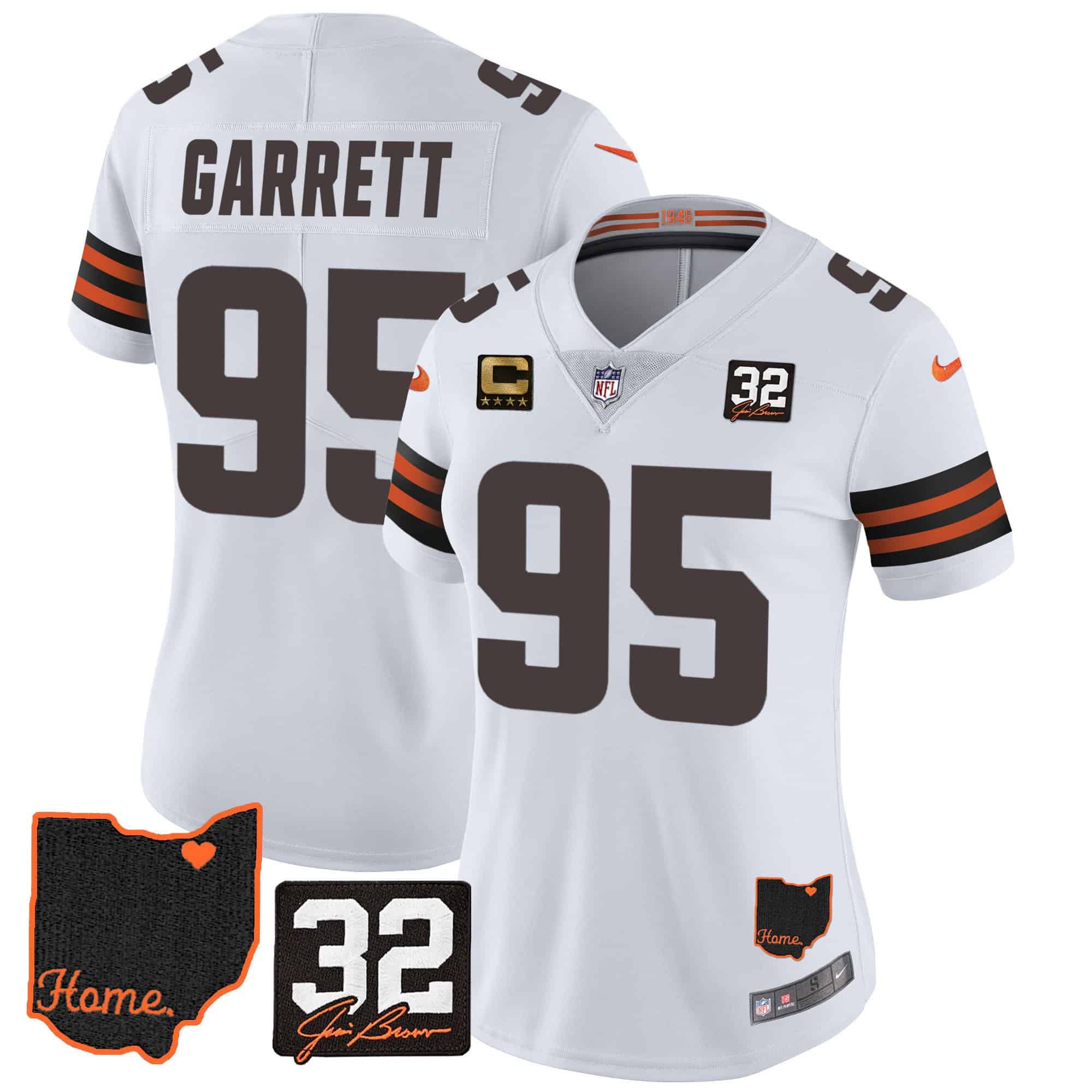 Women’s Browns #32 Jim Brown Memorial & Home Patch Jersey V3 – All Stitched – White – Myles Garrett