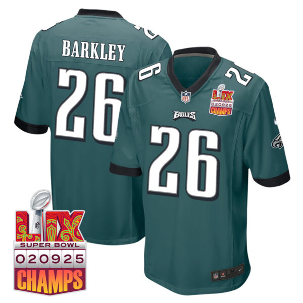 Saquon Barkley 26 Philadelphia Eagles Super Bowl LIX Champions Patch Game Men Jersey – Midnight Green