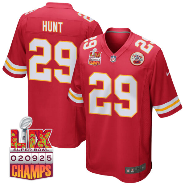 Kareem Hunt 29 Kansas City Chiefs Super Bowl LIX Champions Patch Game Men Jersey – Red