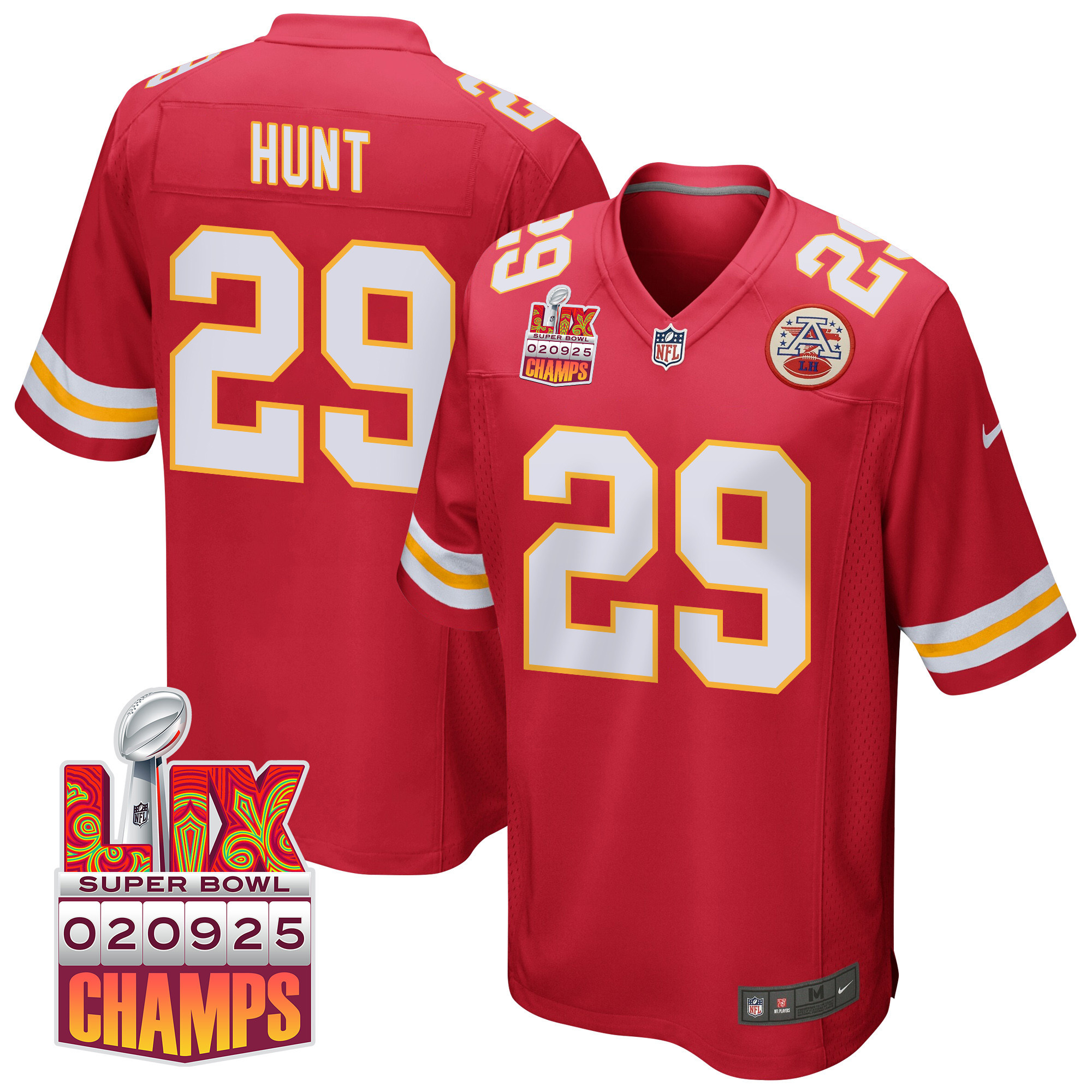 Kareem Hunt 29 Kansas City Chiefs Super Bowl LIX Champions Patch Game Men Jersey – Red