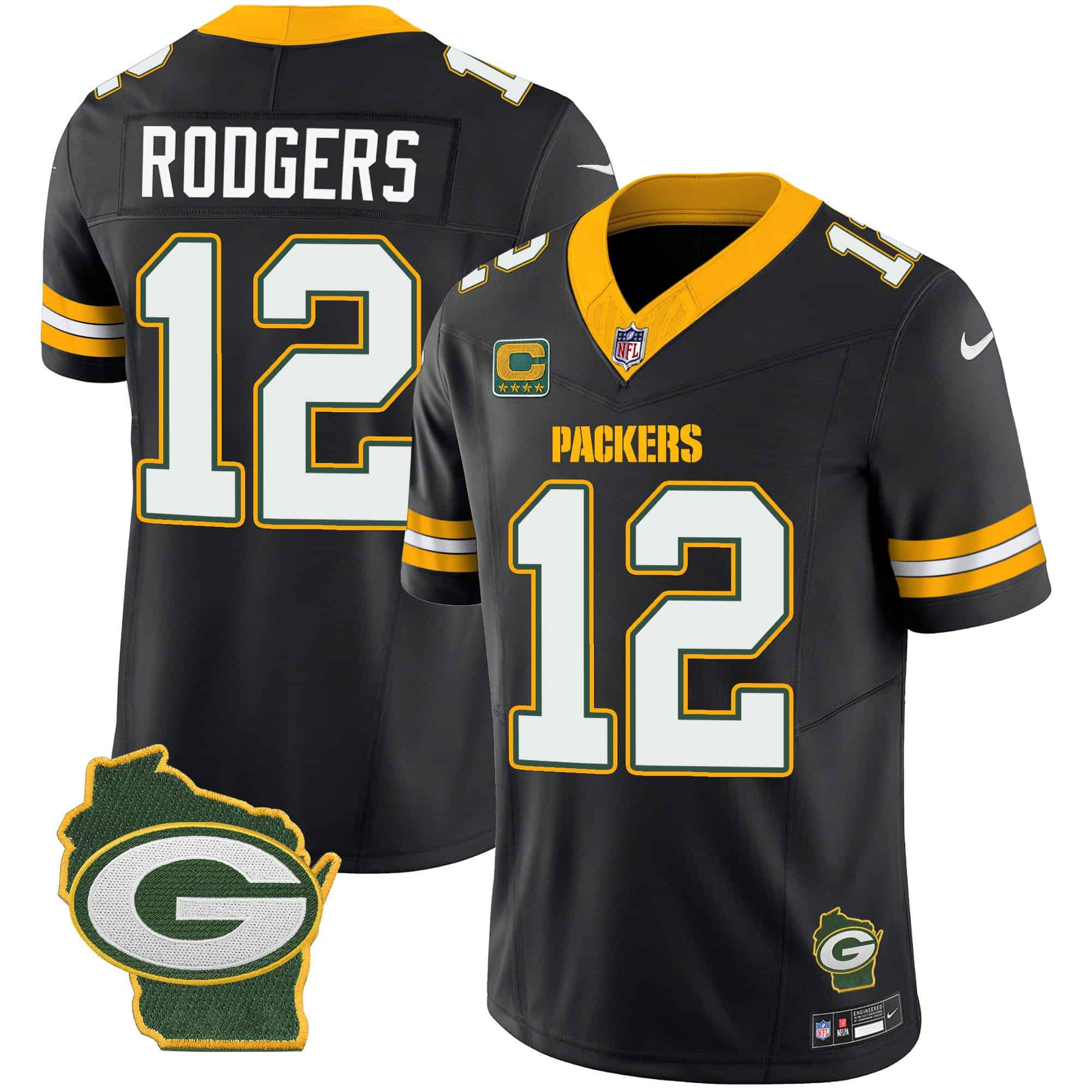 Men’s Packers Home Patch Vapor Jersey V3 – All Stitched – Black – Aaron Rodgers